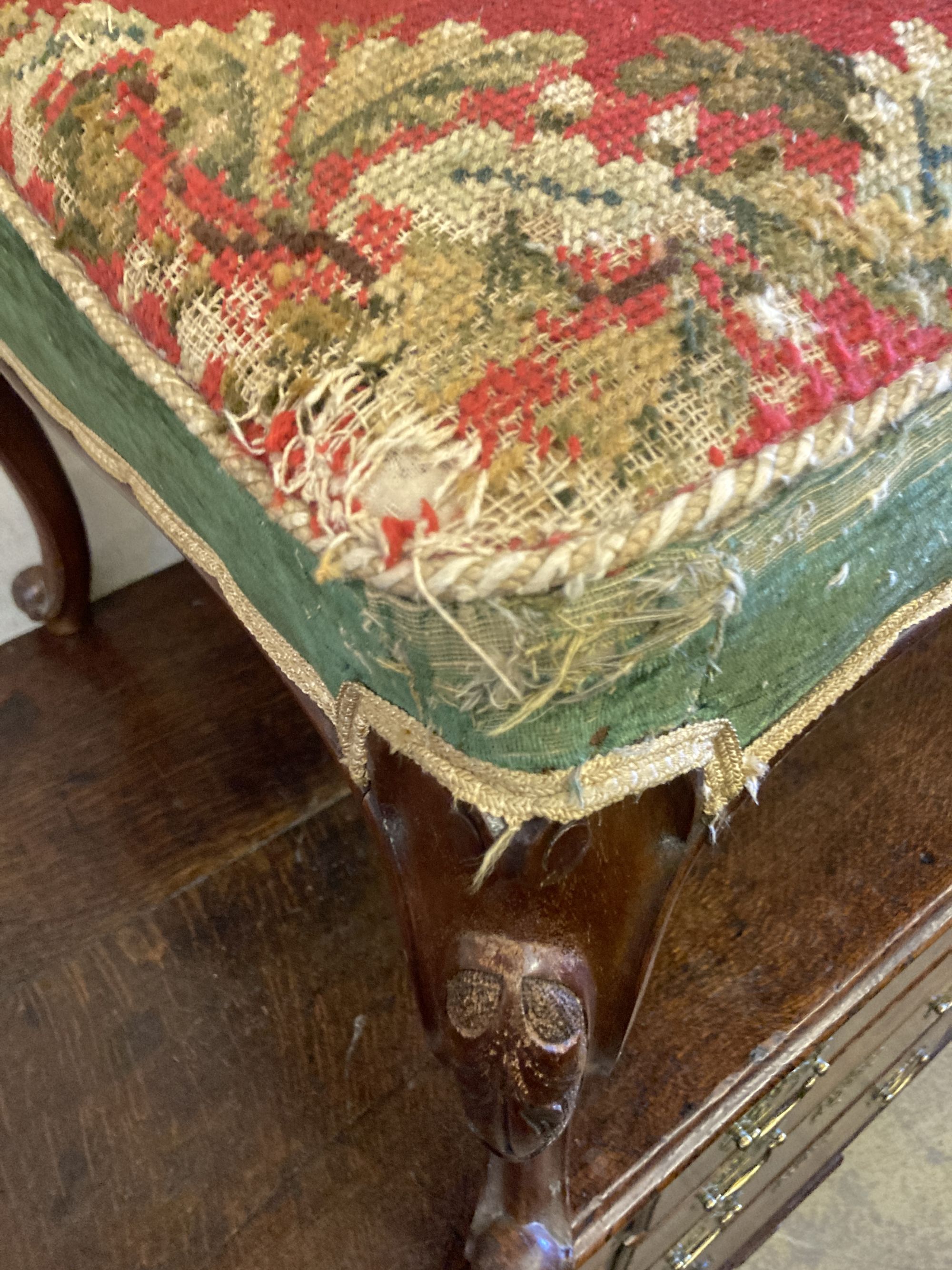 A Victorian walnut dressing stool with tapestry seat, width 66cm, depth 60cm, height 48cm